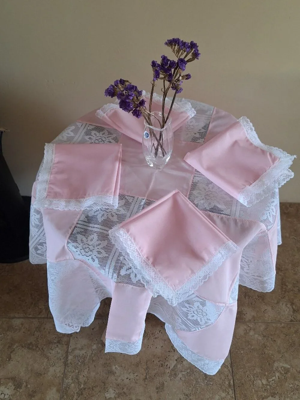 Lace and Blush Pink Patchwork Tablecloth 44 x 44